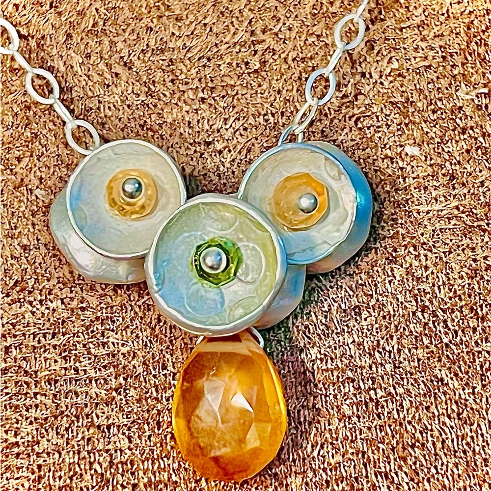 Sterling Silver Multicolor Pendant Necklace with Amber Teardrop - Picture 4 of 8